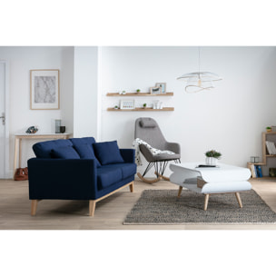 Canapé scandinave déhoussable 3 places en tissu bleu foncé et bois clair OSLO