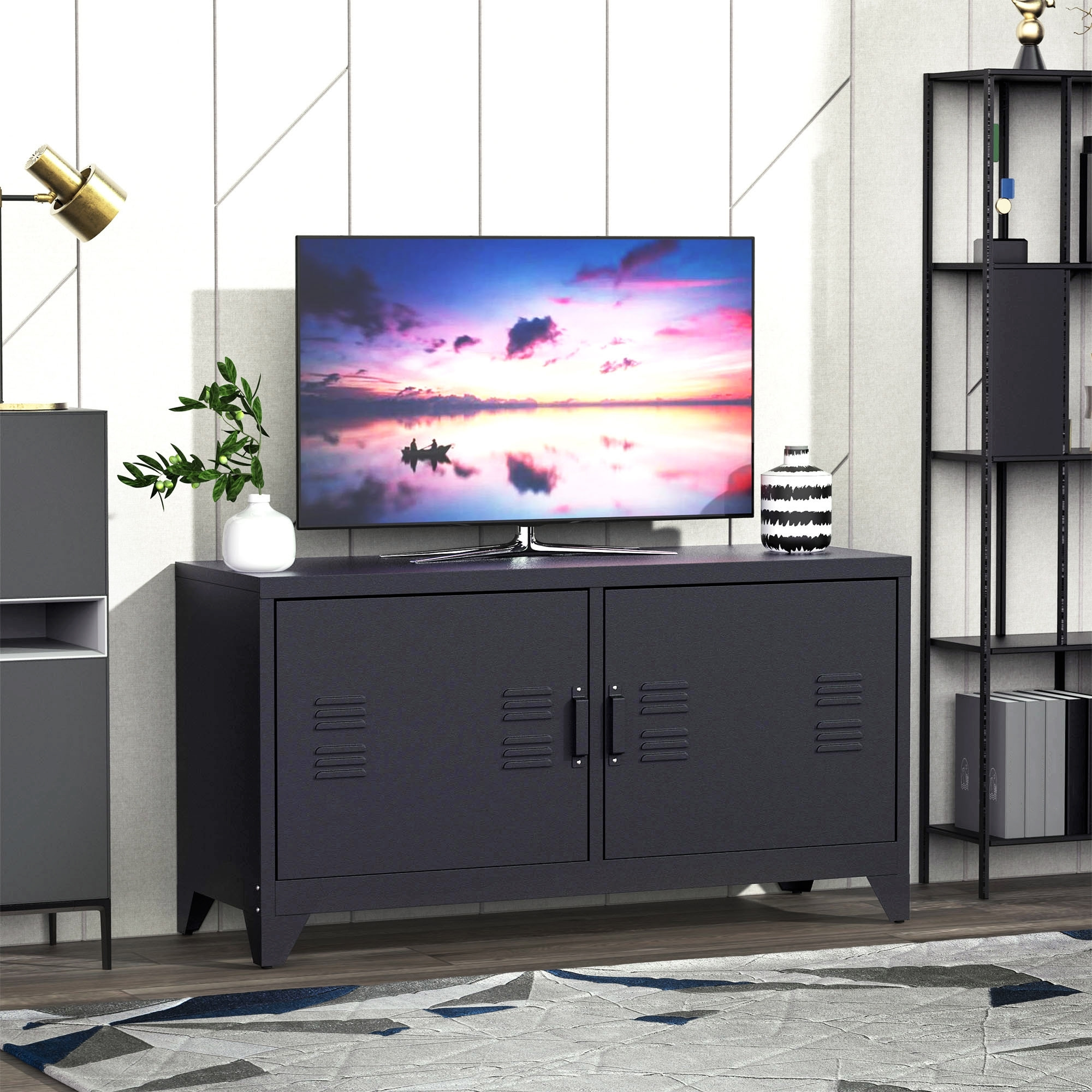 Meuble TV banc TV design industriel - 2 placards, 2 étagères, 4 passe-fils - tôle métal noir