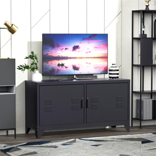 Meuble TV banc TV design industriel - 2 placards, 2 étagères, 4 passe-fils - tôle métal noir