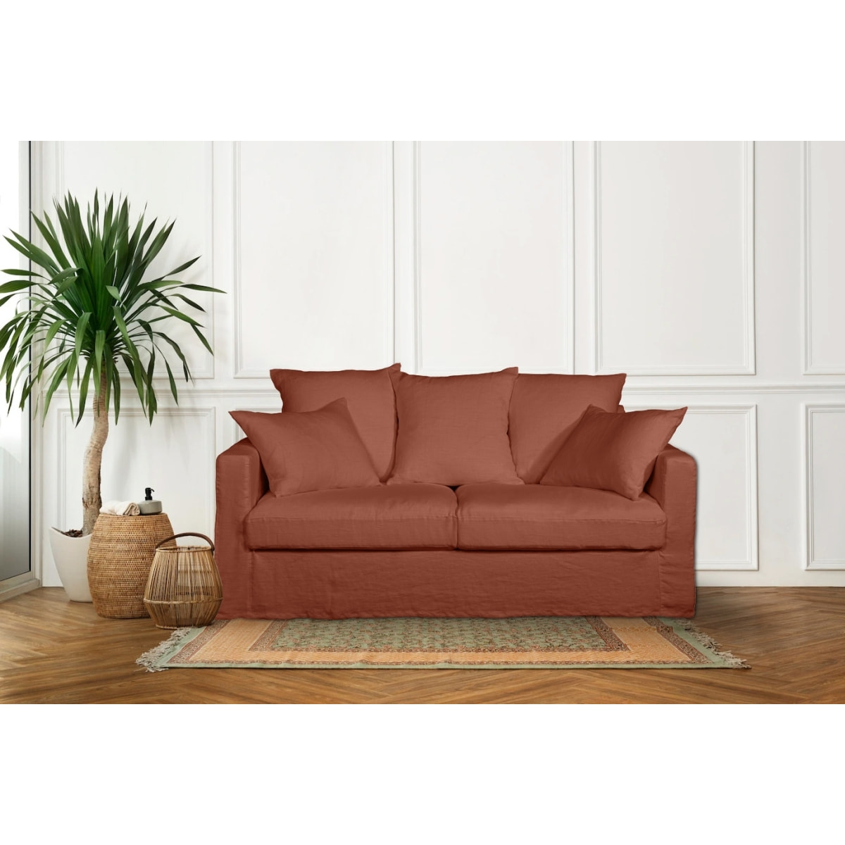 Canapé lin 3 pl SOFIA 177 cm fixe tissu Terracotta 100% déhoussable – Fab France