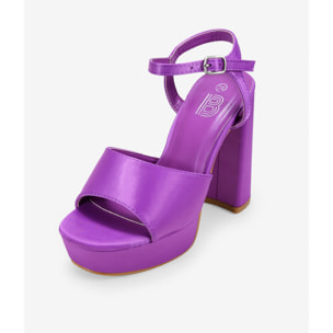 Sandalias de tacón lila en satén con plataforma