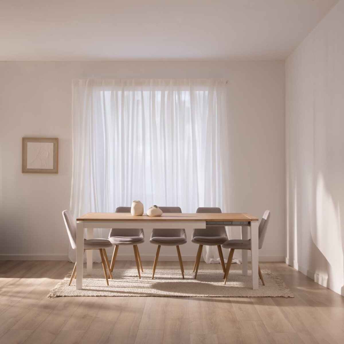 Table à manger extensible Vilna -bois massif de mindi et placage d'acacia-couleur blanc bergen/naturel 150 x 78 x 90 cm