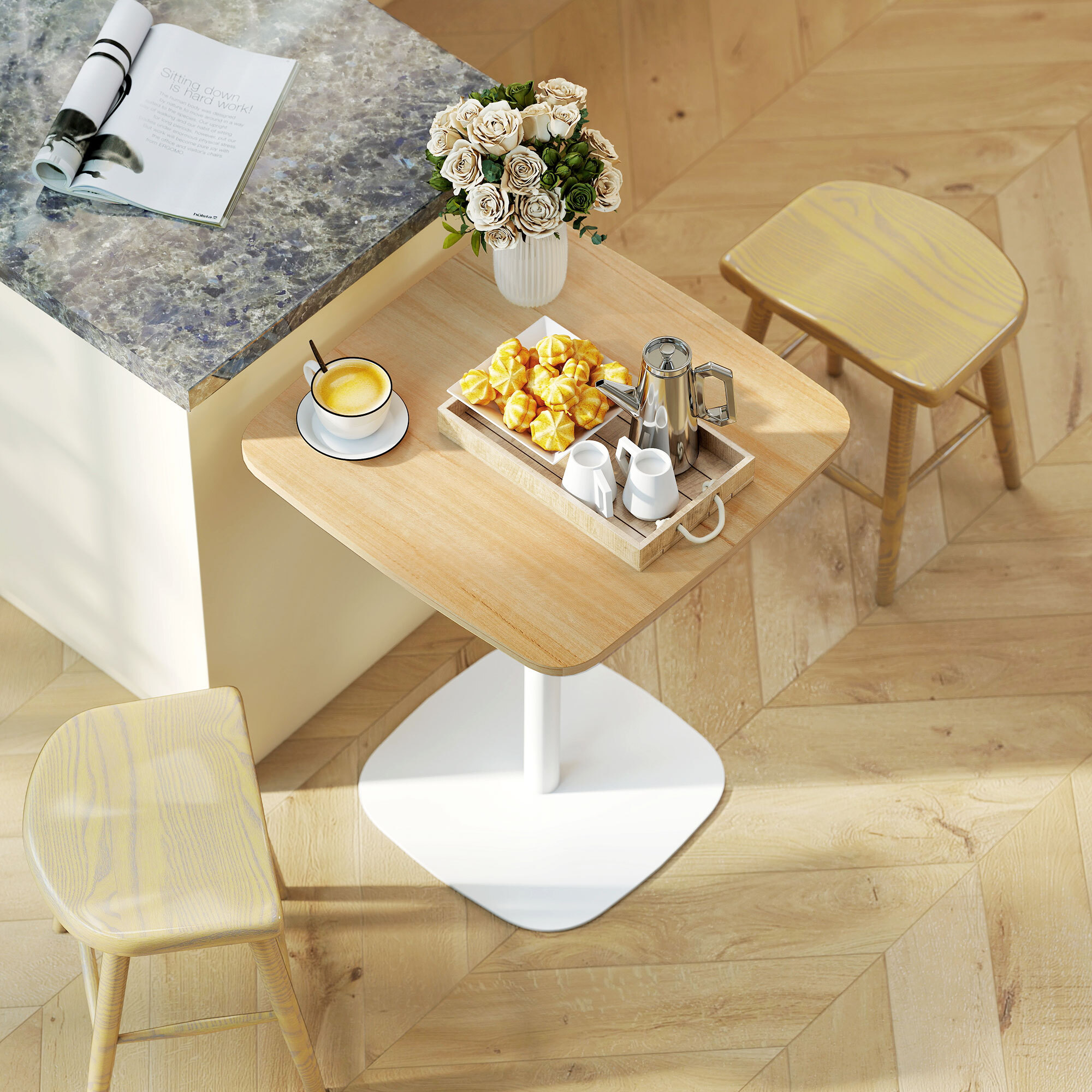 Mesa de Comedor Pequeña, Mesa de Cocina Cuadrada para 2 Personas, Base Cuadrada de Acero, para Espacios Pequeños, Salón, 60x60x75 cm, Madera Natural y Blanco