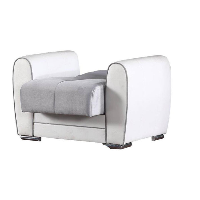 Divano letto Enrique, Poltrona contenitore da salotto, trasformabile in letto , Poltroncina relax in tessuto imbottito, 97x84h91 cm, Bianco e Grigio Chiaro