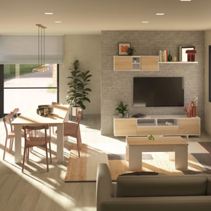 Pack salón con mesa de centro y mesa de comedor Kenzo Max V2B Blanco Brillo - Roble Canadian