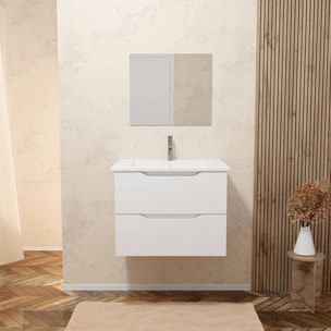 Meuble salle de bain 60cm suspendu 2 tiroirs Blanc Laque poignees integrees vasque et miroir - MILA