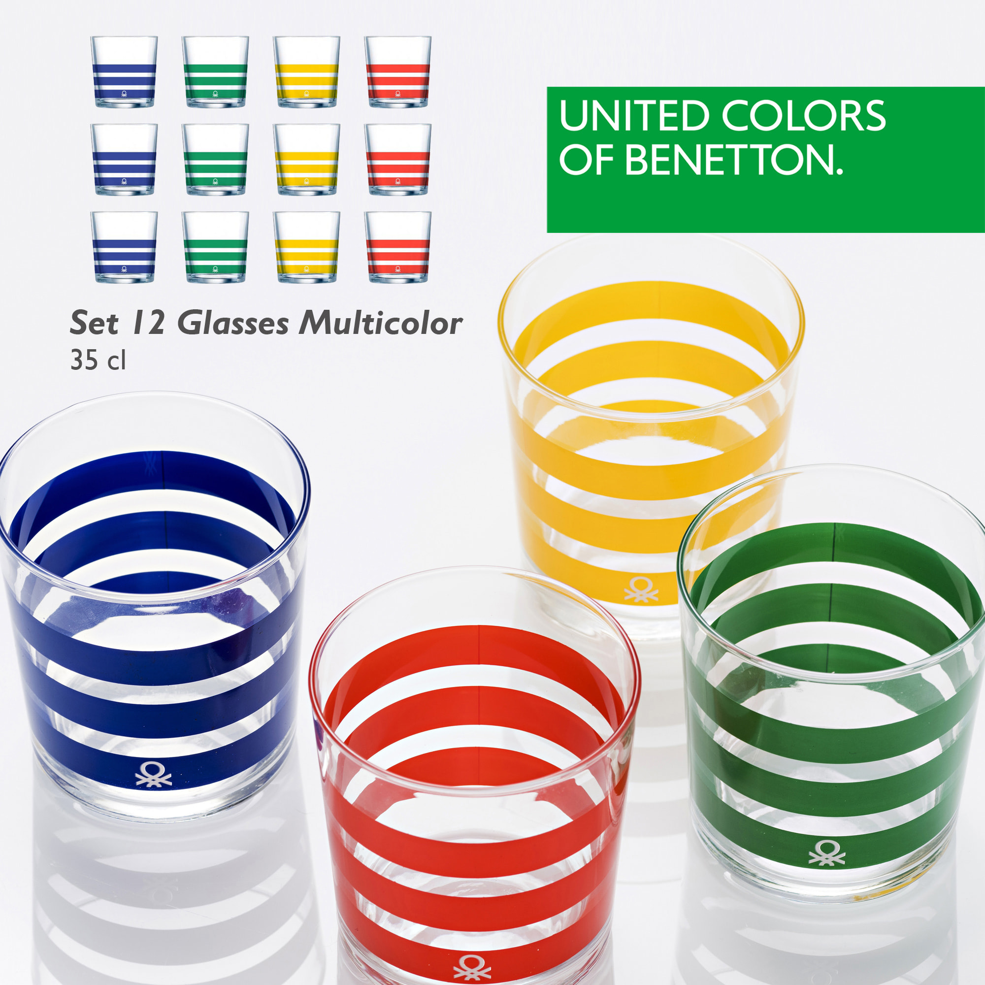 Set cristalería 12 piezas de vasos de vidrio decorados, benetton
