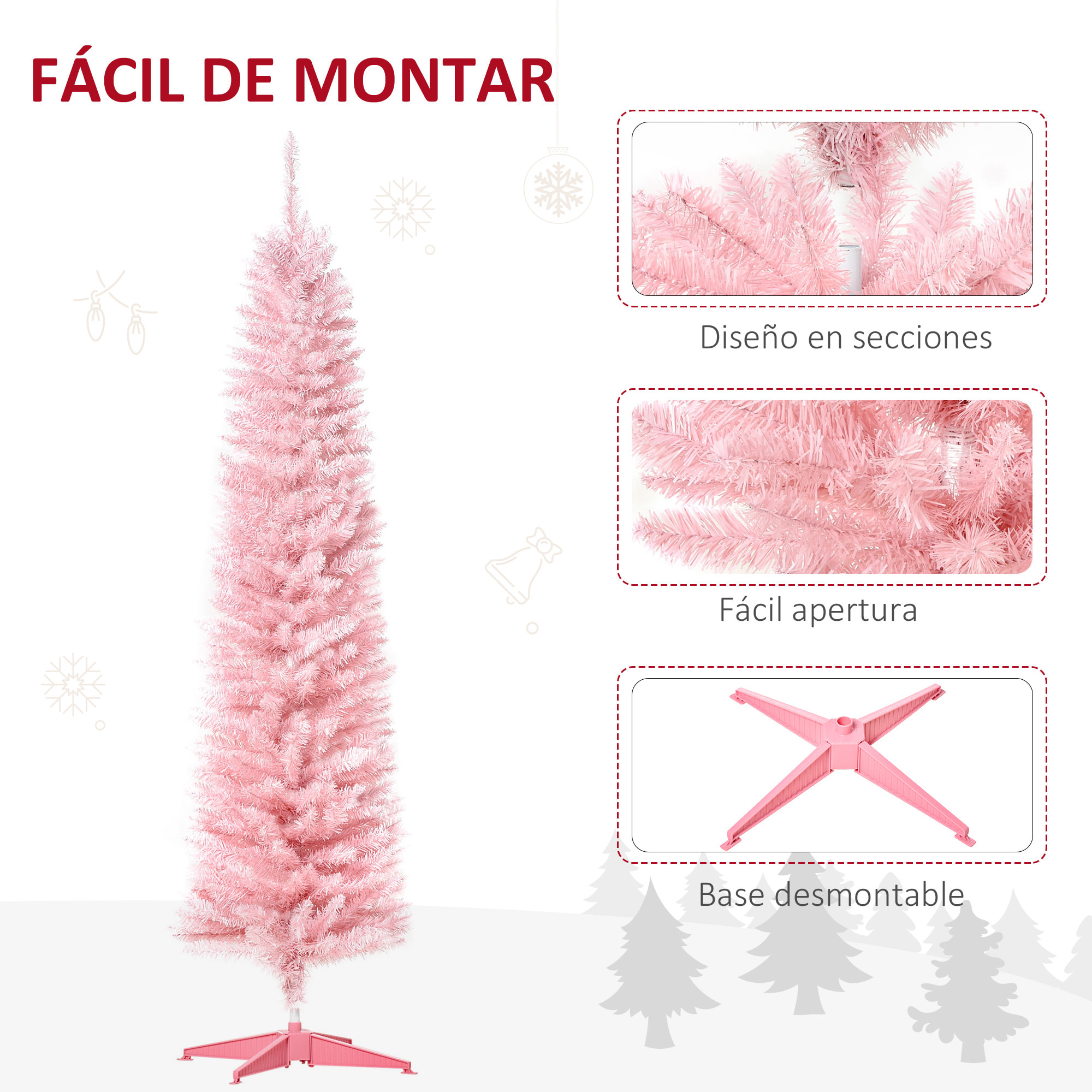 Árbol de Navidad 180 cm Árbol de Navidad Artificial Grande con 390 Puntas de Rama Decoración Navideña para Interiores Fácil de Montar Rosa