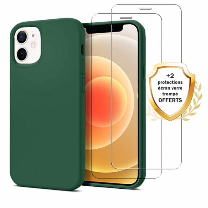 Coque iPhone 12 Mini Silicone liquide Vert Foret + 2 Vitres en Verre trempé Protection écran Antichocs