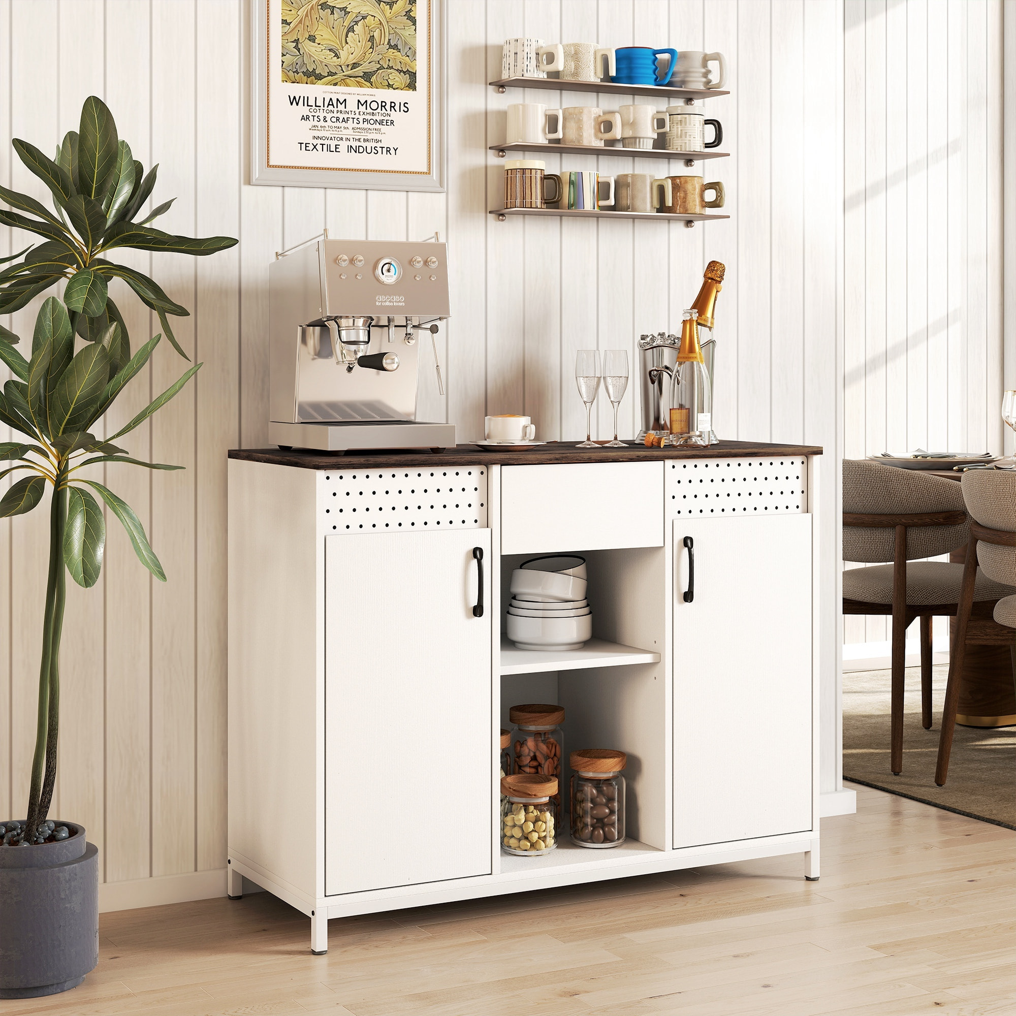 Aparador de 2 Puertas con Orificios, Aparador para Salón con Cajón, Compartimentos Abiertos, Estantes Ajustables, para Cocina, Entrada, Oficina, Blanco, 100x40x80 cm