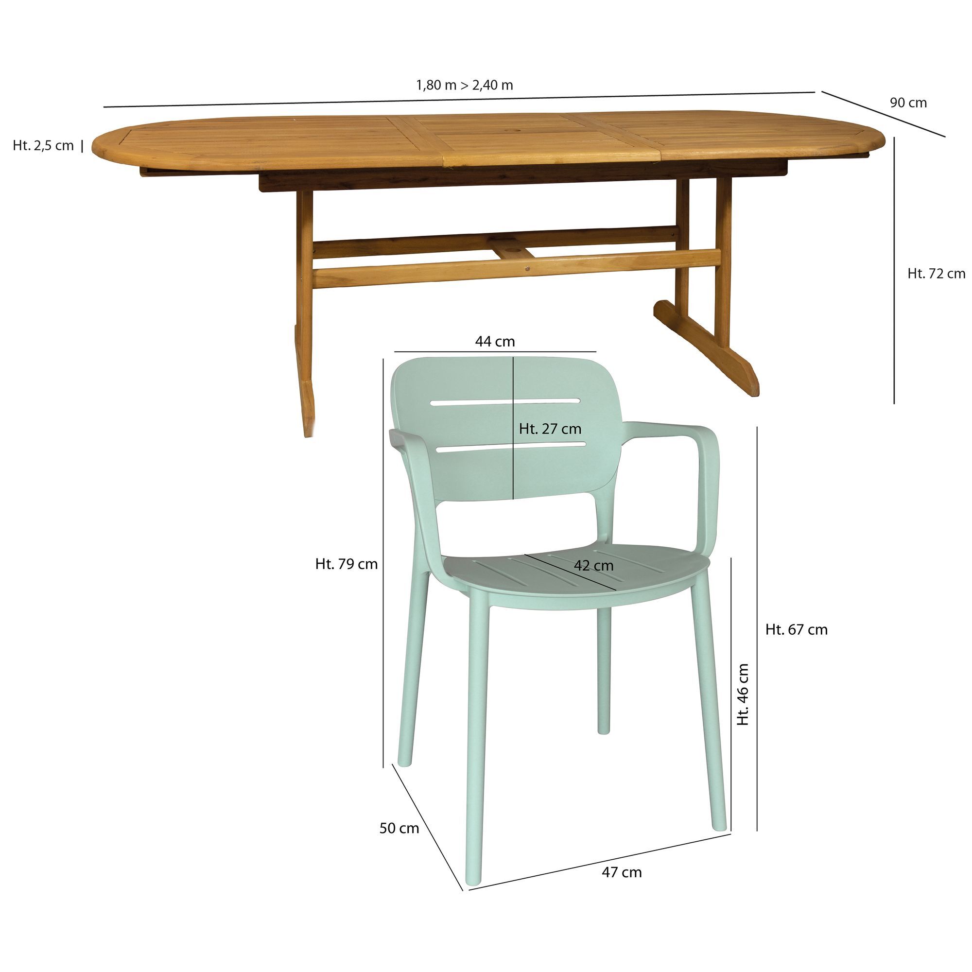 ENSEMBLE DE JARDIN TABLE BOIS 180-240CM AVEC 8 FAUTEUILS VERT SUMSET