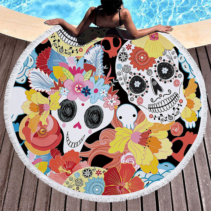 Toalla redonda 150cms 205 GSM. Diseño Sugar Skulls - Calaveras y flores.