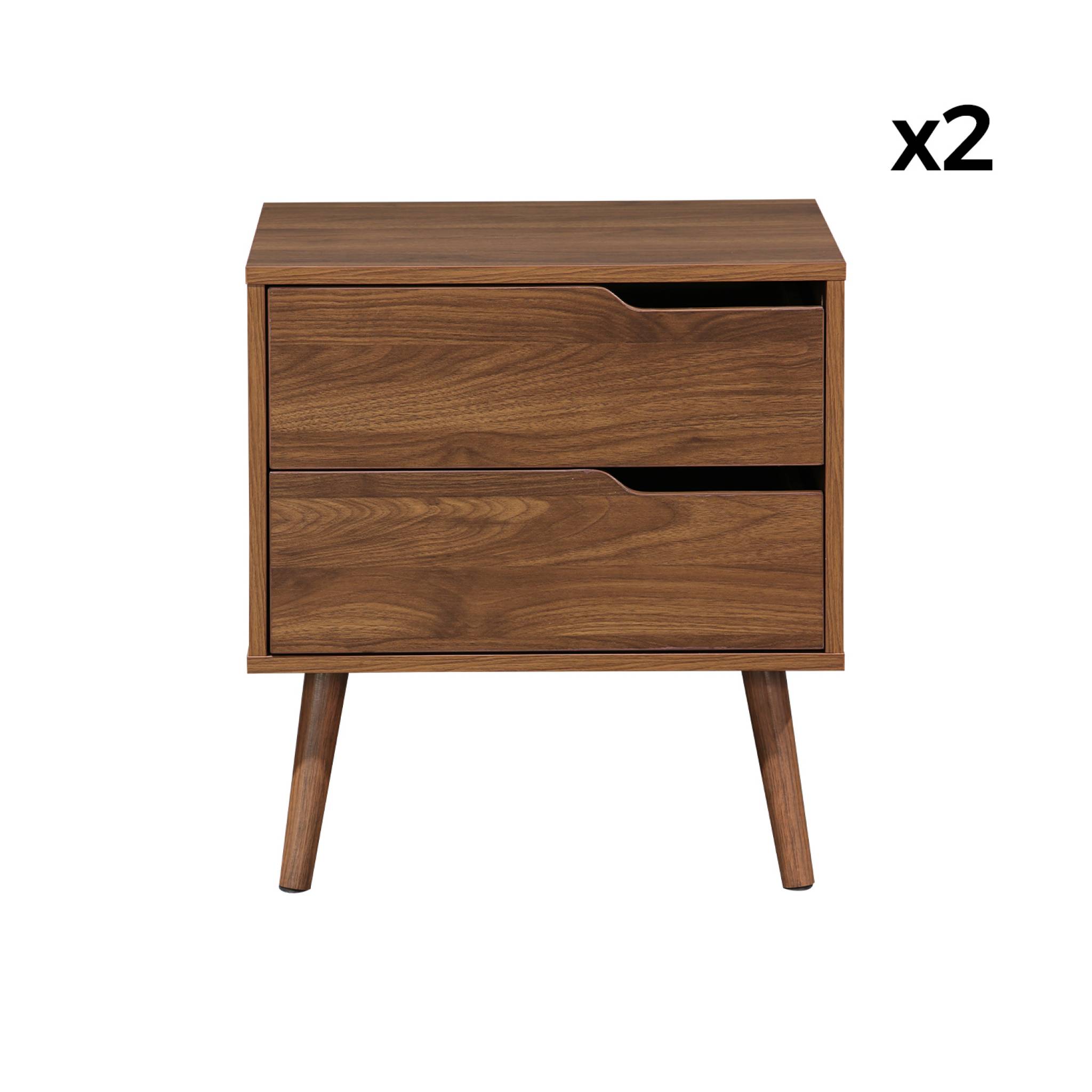Lot de 2 tables de chevet décor bois teinté noyer. 2 tiroirs. pieds en pin massif