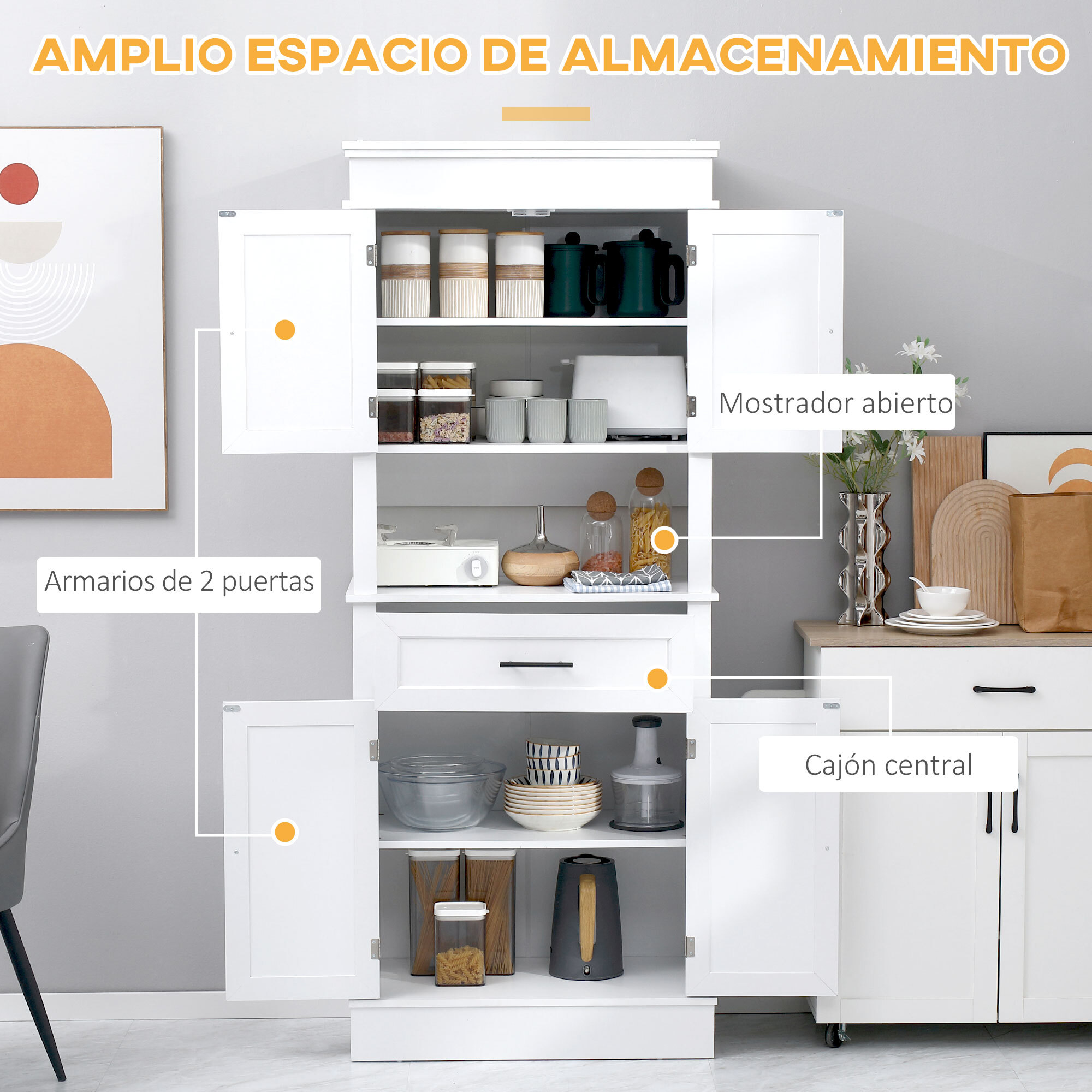 Alacena de Cocina Aparador de Comedor Mueble Auxiliar para Microondas con 4 Puertas 1 Cajón y Estante Abierto para Salón 74x39,5x183 cm Blanco