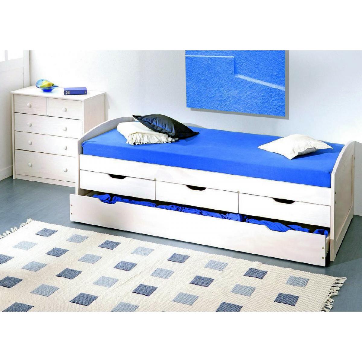 Letto con cassetti contenitore e secondo letto inferiore a estrazione in pino massello verniciato ad acqua bianco, 98 x 205 x 63 cm