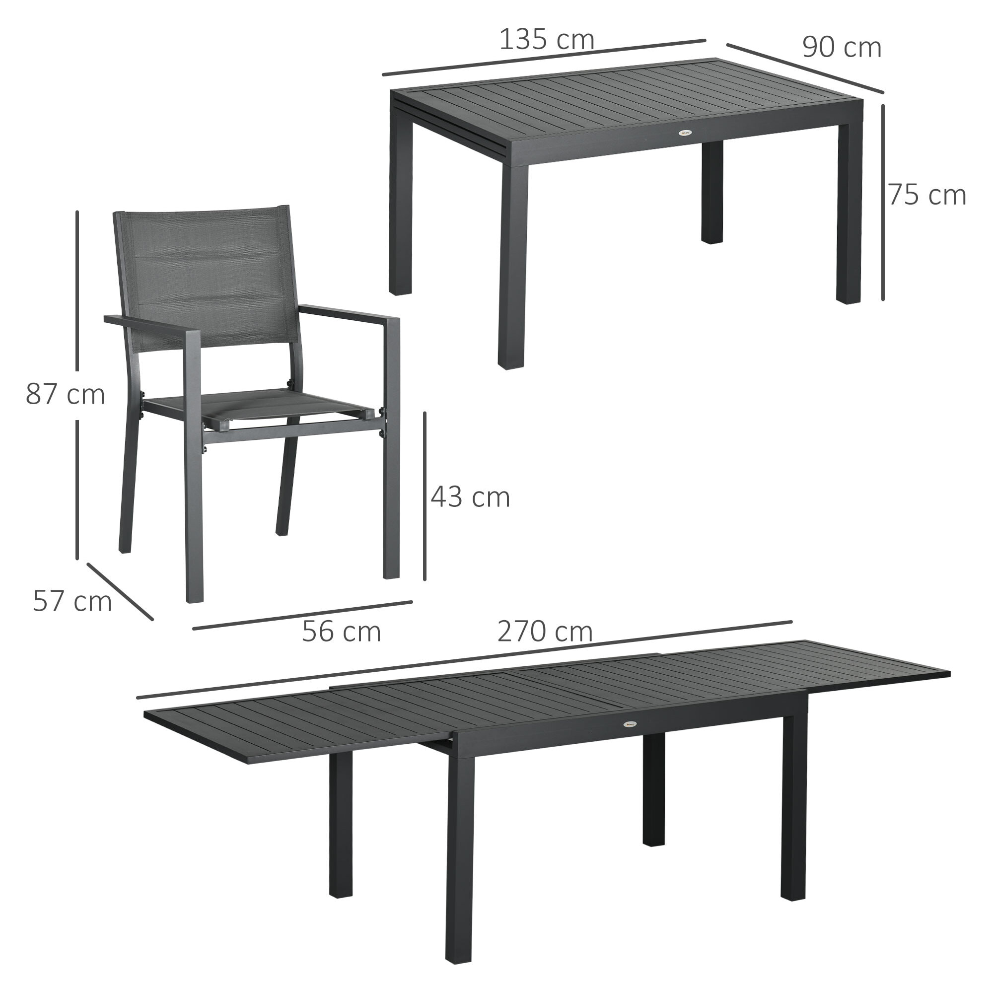 Ensemble de jardin 8 personnes chaises empilables table extensible 135/270L cm alu. textilène gris