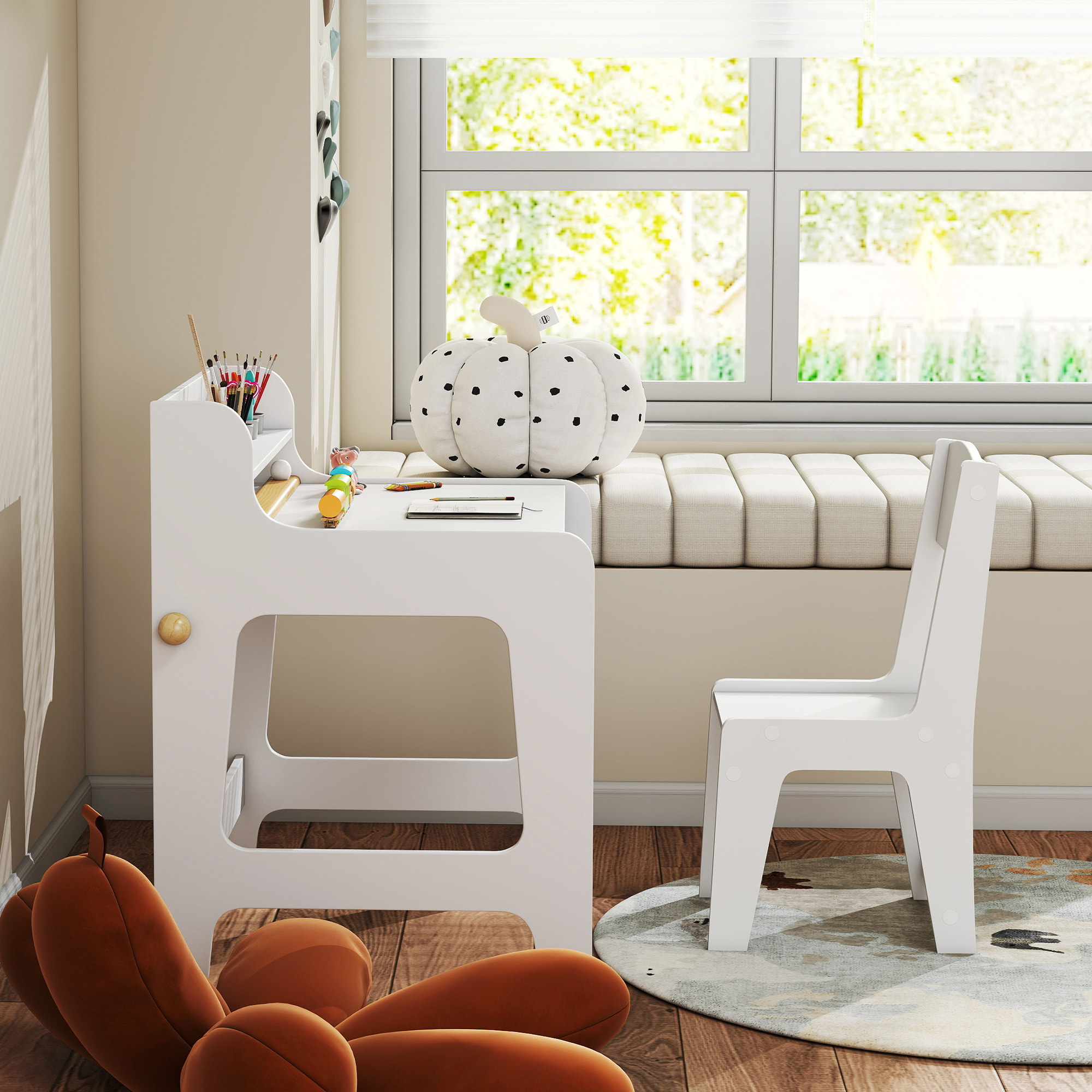 Escritorio Infantil con Silla, Pupitre Infantil con 2 Cajones Extraíbles, Estante y Portavasos, para Estudiar, Leer y Dibujar, Mesa para Niños para Dormitorio, Sala Estudio, Blanco
