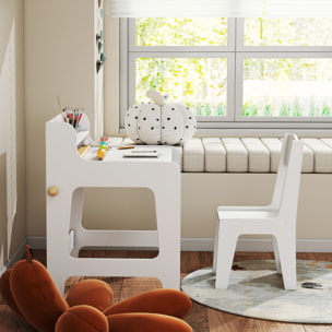 Escritorio Infantil con Silla, Pupitre Infantil con 2 Cajones Extraíbles, Estante y Portavasos, para Estudiar, Leer y Dibujar, Mesa para Niños para Dormitorio, Sala Estudio, Blanco