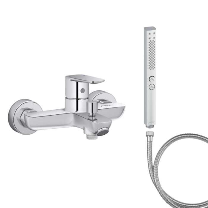 Mitigeur baignoire July+ + pommeau de douche Shift+ carré + flexible de douche métal
