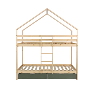 Lit enfant superposé cabane 90 x 190 cm pin naturel avec tiroirs de rangement ROYA