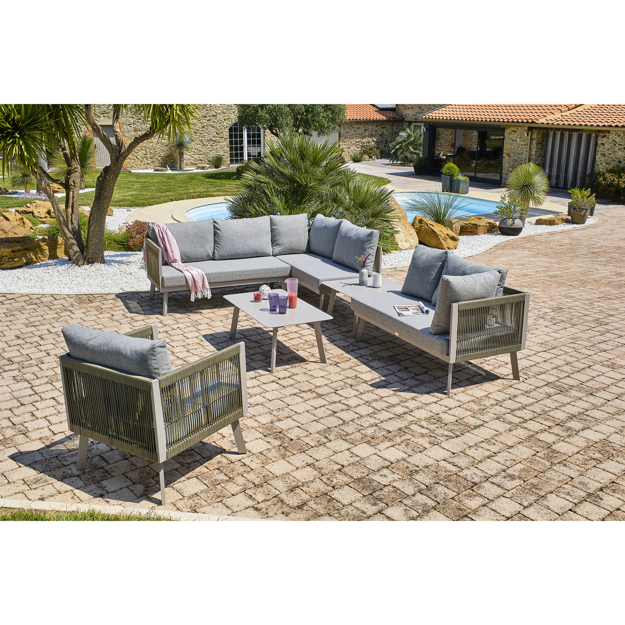 MANOSQUE - Salon de jardin d'angle 7 places en aluminium et corde