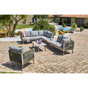 MANOSQUE - Salon de jardin d'angle 7 places en aluminium et corde