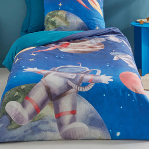 Housse de couette enfant percale de coton astronaute et fusée - Bleu