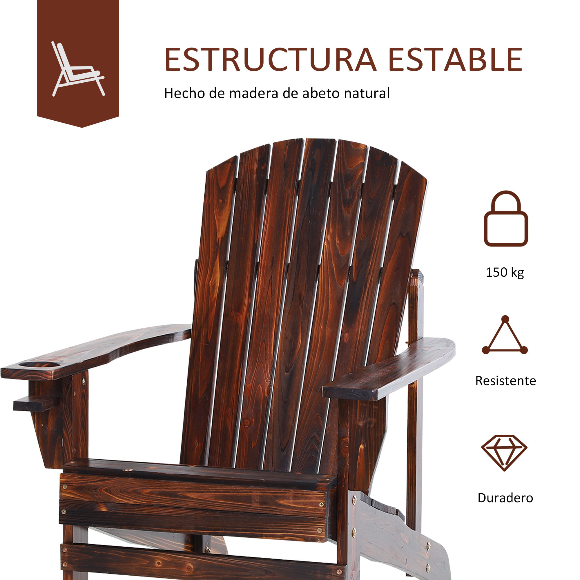 Silla Adirondack de Madera Silla de Jardín con Reposabrazos y Respaldo Alto para Terraza Balcón Exterior 72,5x97x93 cm Marrón