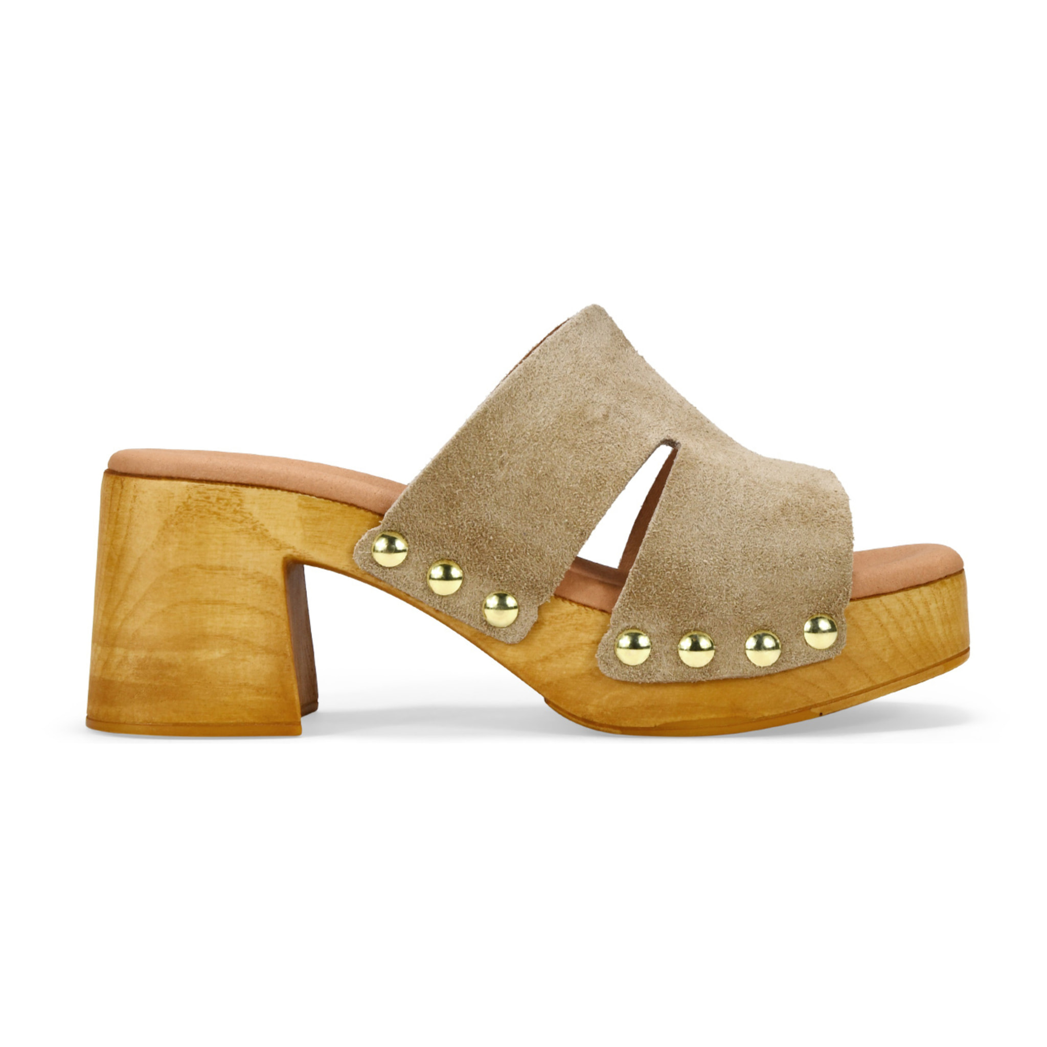 Sandalias arena en serraje piel con tacón de madera