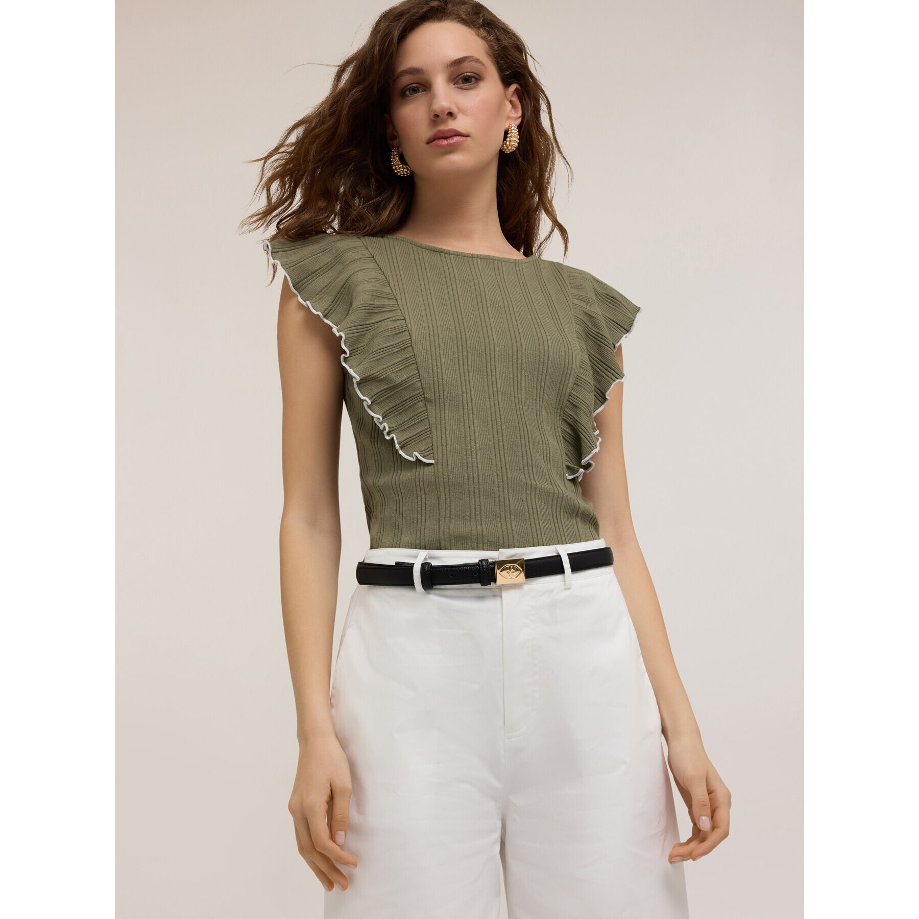 Motivi - Maglia a coste con rouches - Verde militare