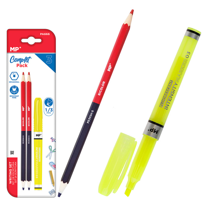 SET DI SCRITTURA: 2 matite marker bicolore e 1 evidenziatore fluorescente.