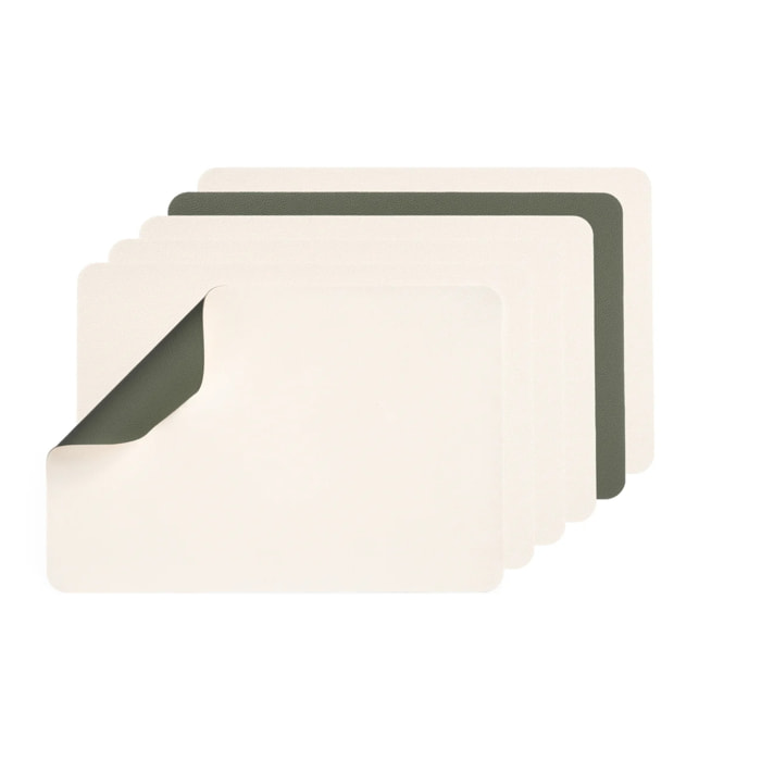 Set de table rectangulaire réversible - 6 pièces - Cuir recyclé blanc crème et vert de gris