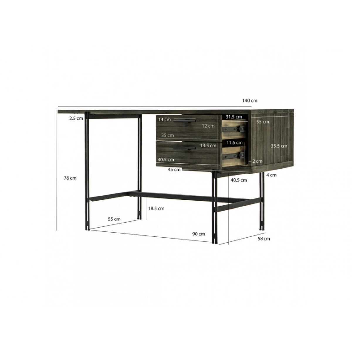 Bureau avec rangements en bois massif cendré et métal noir - BELLAGIO