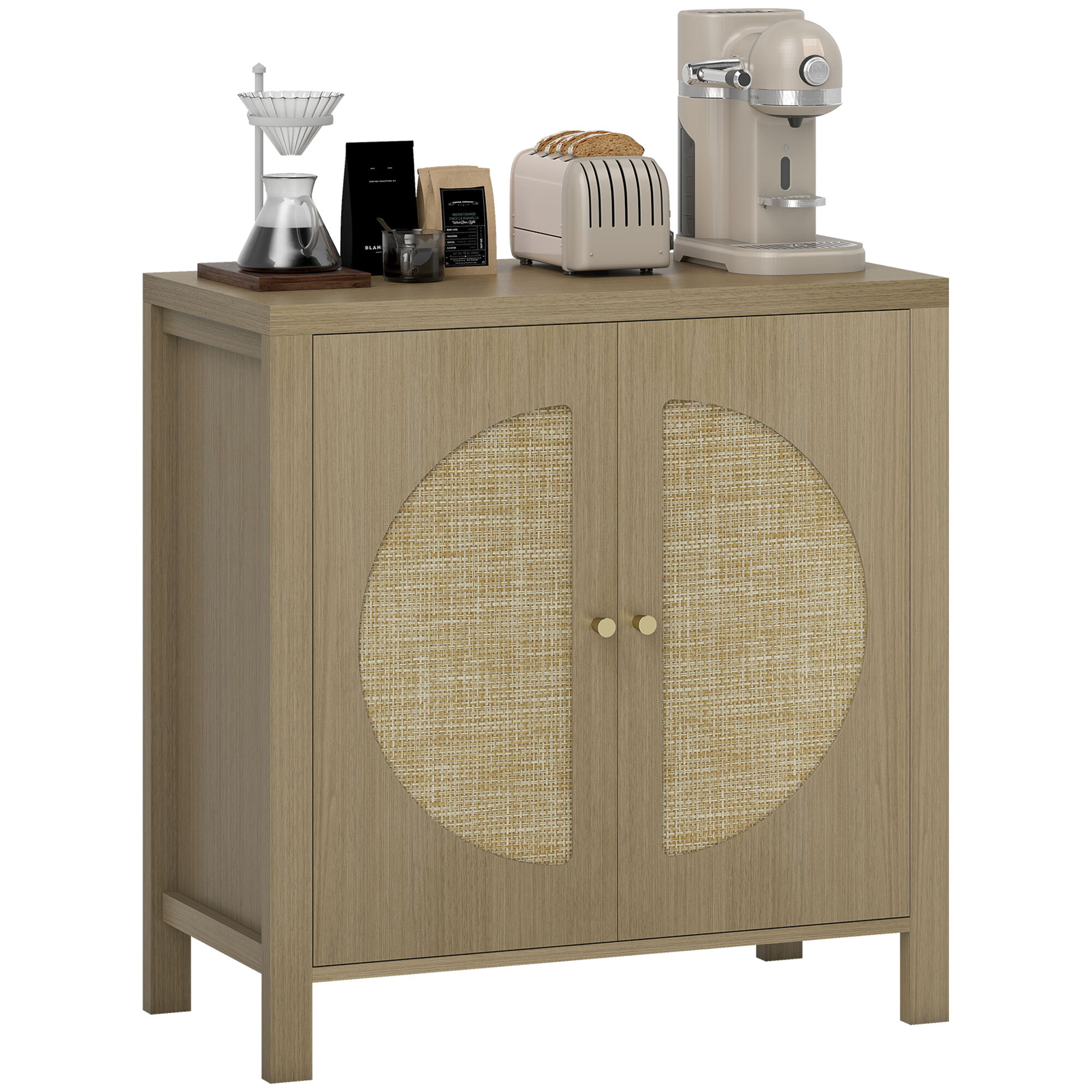 Aparador de Cocina con 2 Puertas de Ratán Sintético, Mueble Auxiliar de Cocina con Estante Ajustable y 2 Tiradores, Mueble de Buffet para Comedor, Salón, 75x38x77 cm, Madera Natural