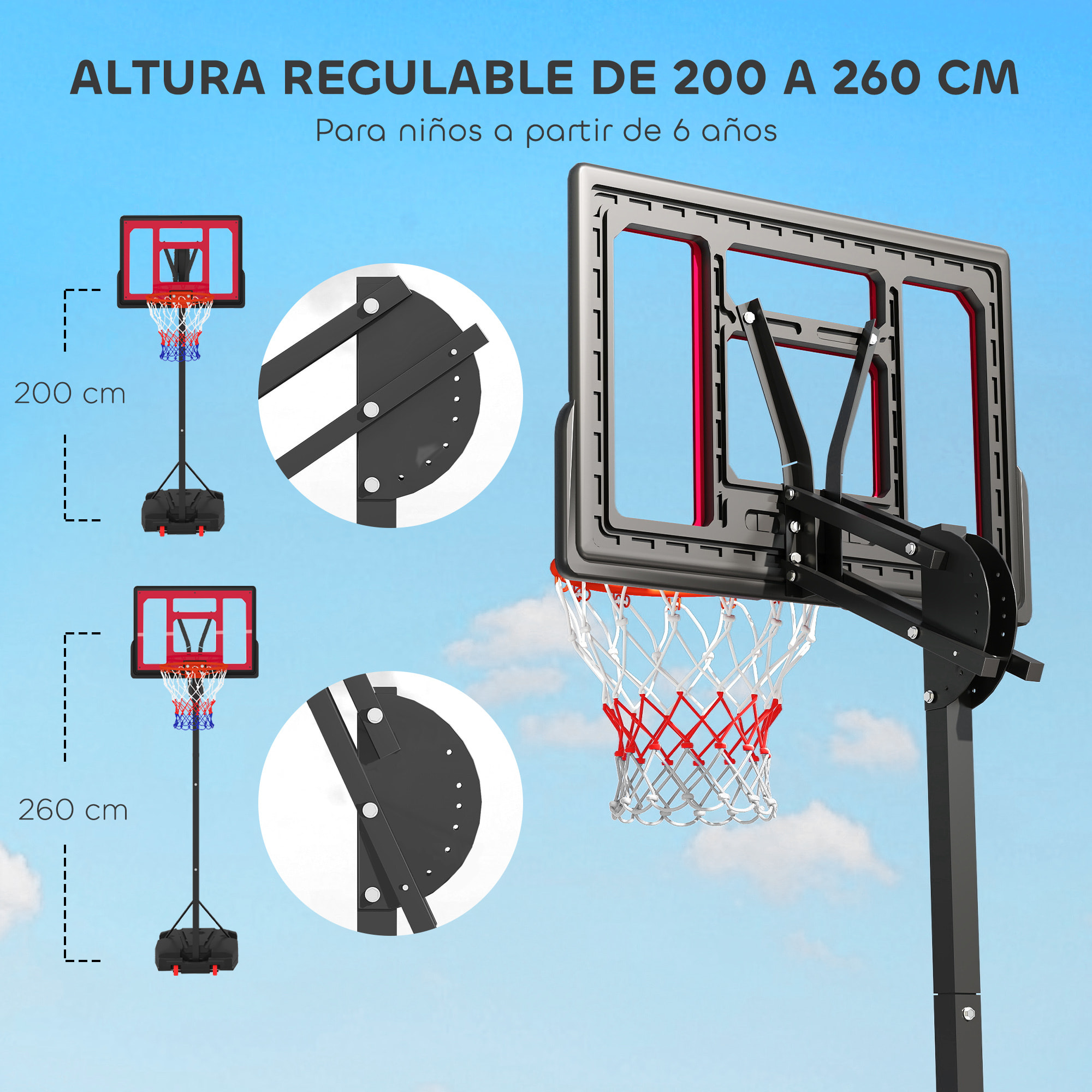 Canasta de Baloncesto Infantil con Altura Ajustable 200-260 cm Canasta de Baloncesto Exterior Portátil con Ruedas Base Rellenable y Bolsa de Peso Rojo y Negro