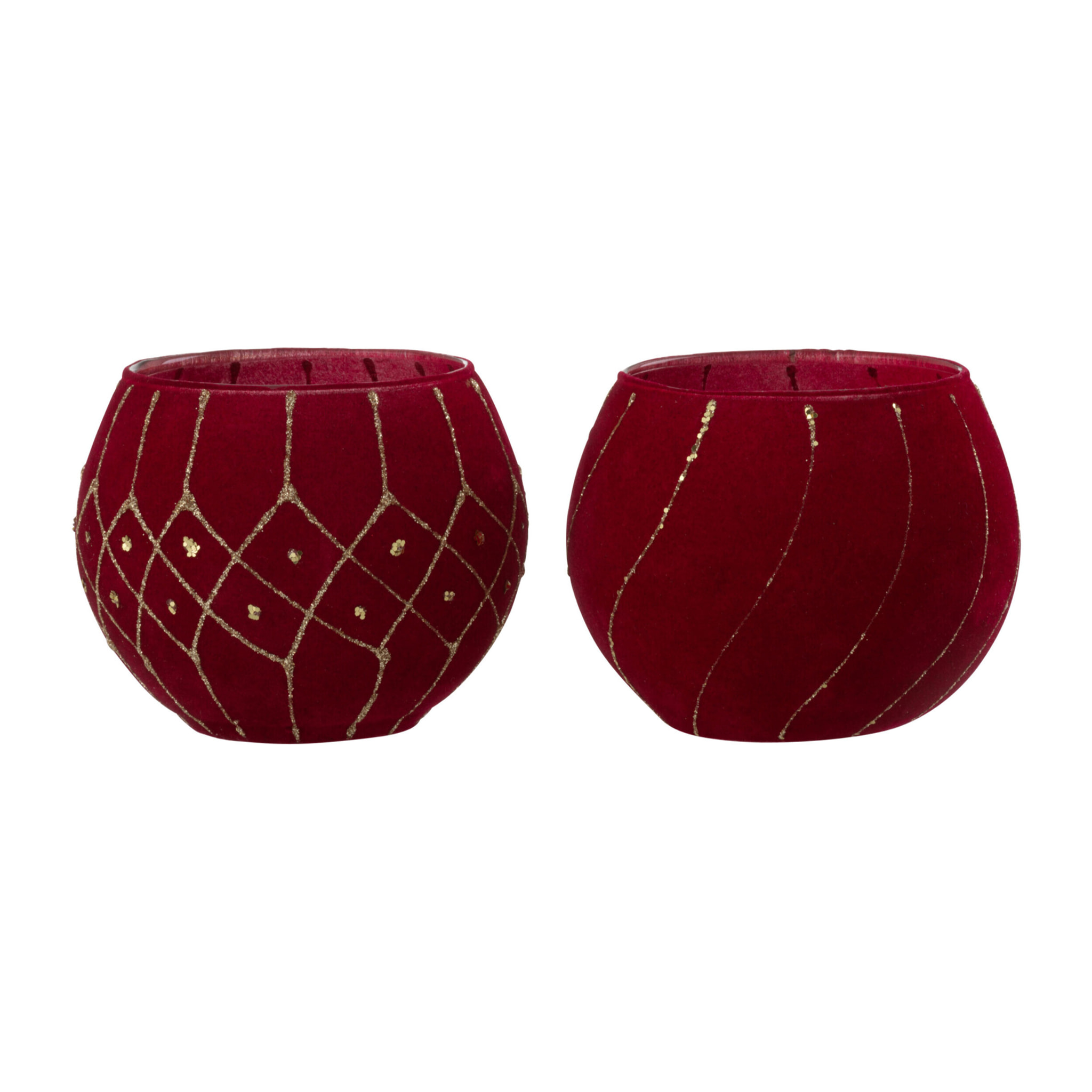 J-Line photophore Lignes/Carreaux - velours - rouge/or - 2 pcs