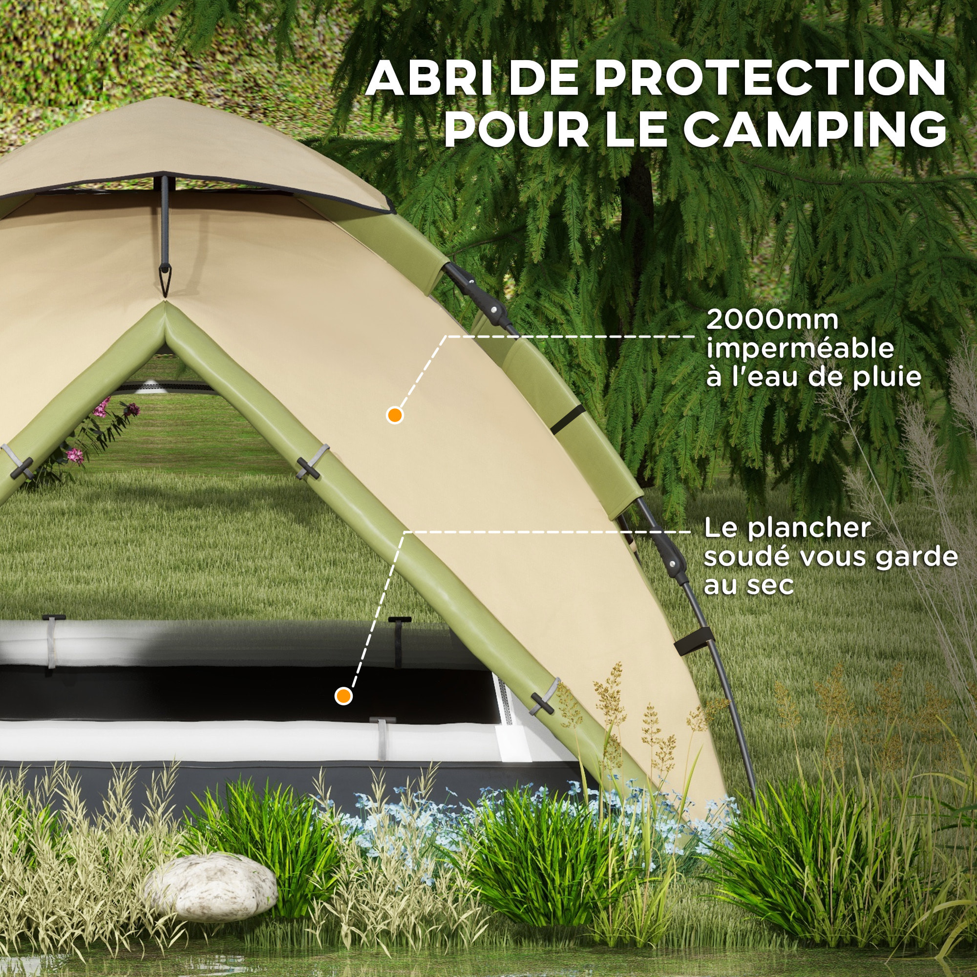 Tente de camping familiale 3-4 pers. tente dôme étanche 2000 mm sac de transport vert marron