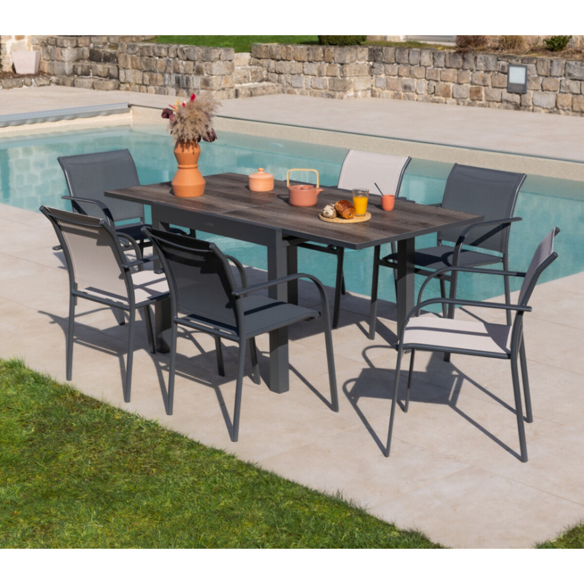 Ensemble table et chaises de jardin  - Anthracite et lin - HONFLEUR BEZIERS CHENE