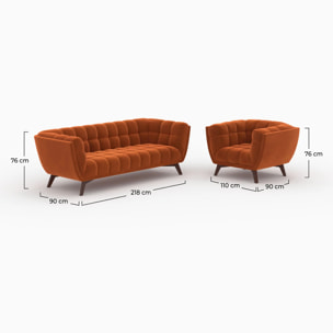 Ensemble canapé et fauteuil en velours orange 4 places - Mona