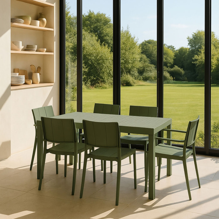Ensemble table et 6 fauteuils de jardin en polypropylène vert PATIO