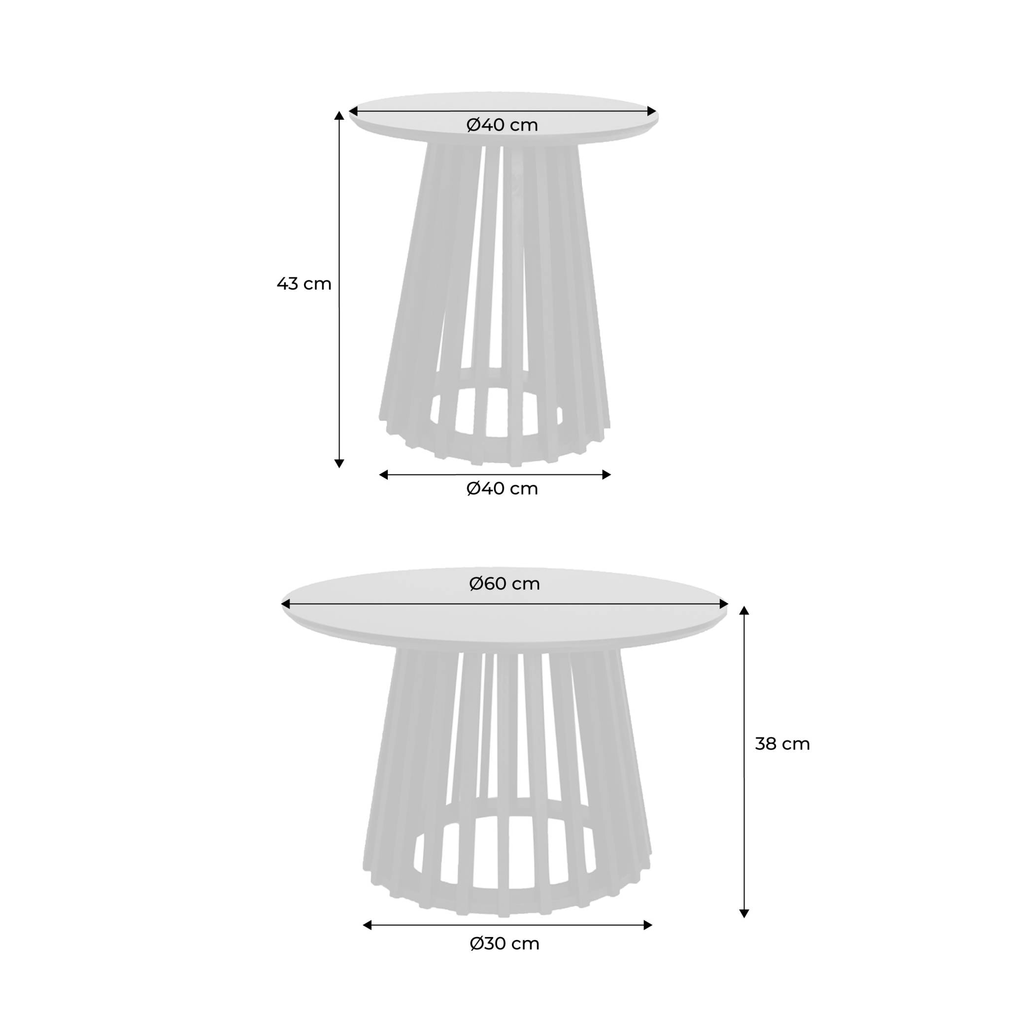 Set de 2 tables basses rondes plateau effet bois noir et pieds en bois de sapin. Ø40cm et Ø60cm