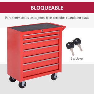 Carro de Herramientas con 7 Cajones Caja Taller Cerradura tipo Mueble de Almacenamiento para Taller Garaje y Hogar Chapa de Acero Ruedas 69x33x75cm Rojo