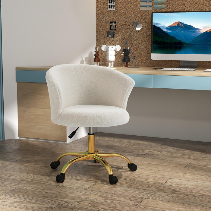 Chaise de bureau design - hauteur réglable, pivotante - piètement métal doré revêtement effet courte laine bouclée