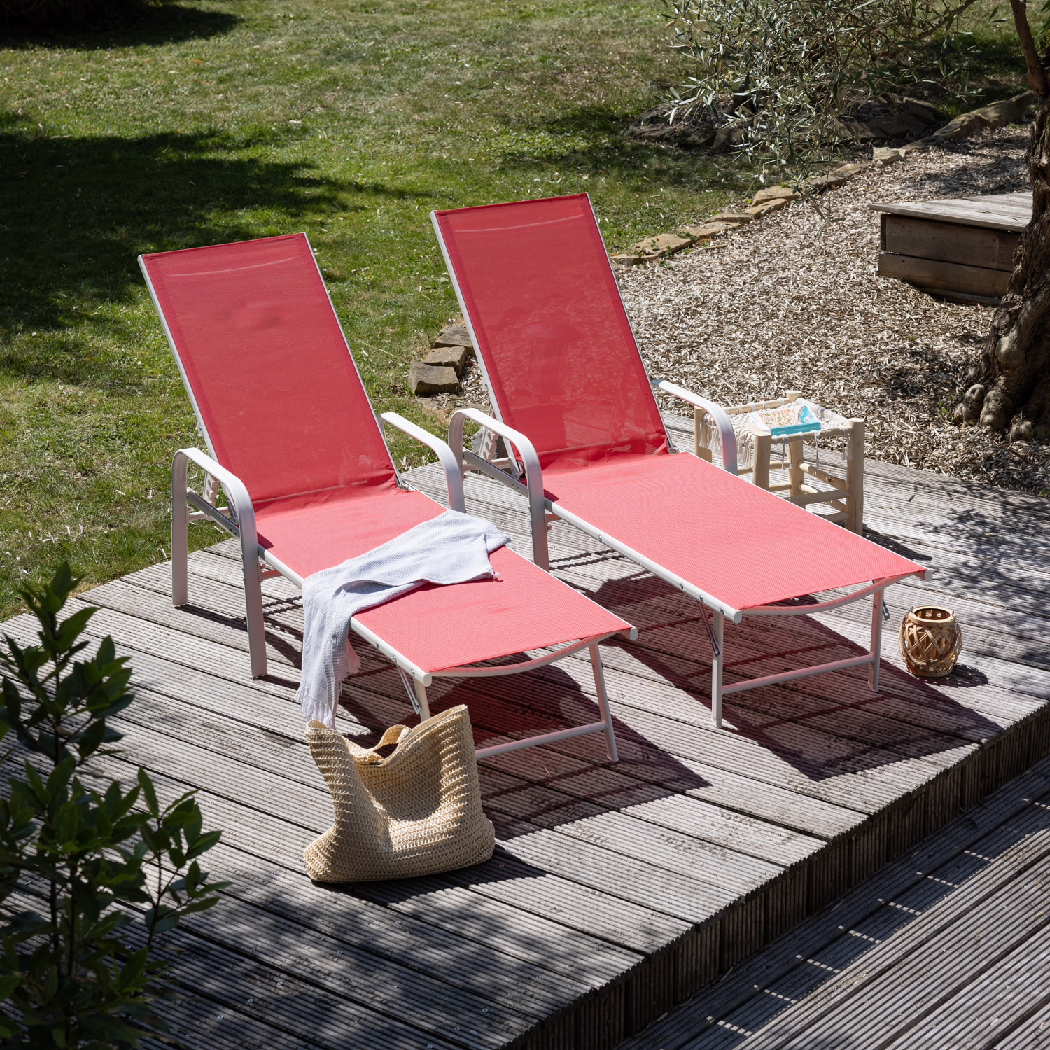 Lot de 2 bains de soleil SARDINIA en textilène rose - structure blanche