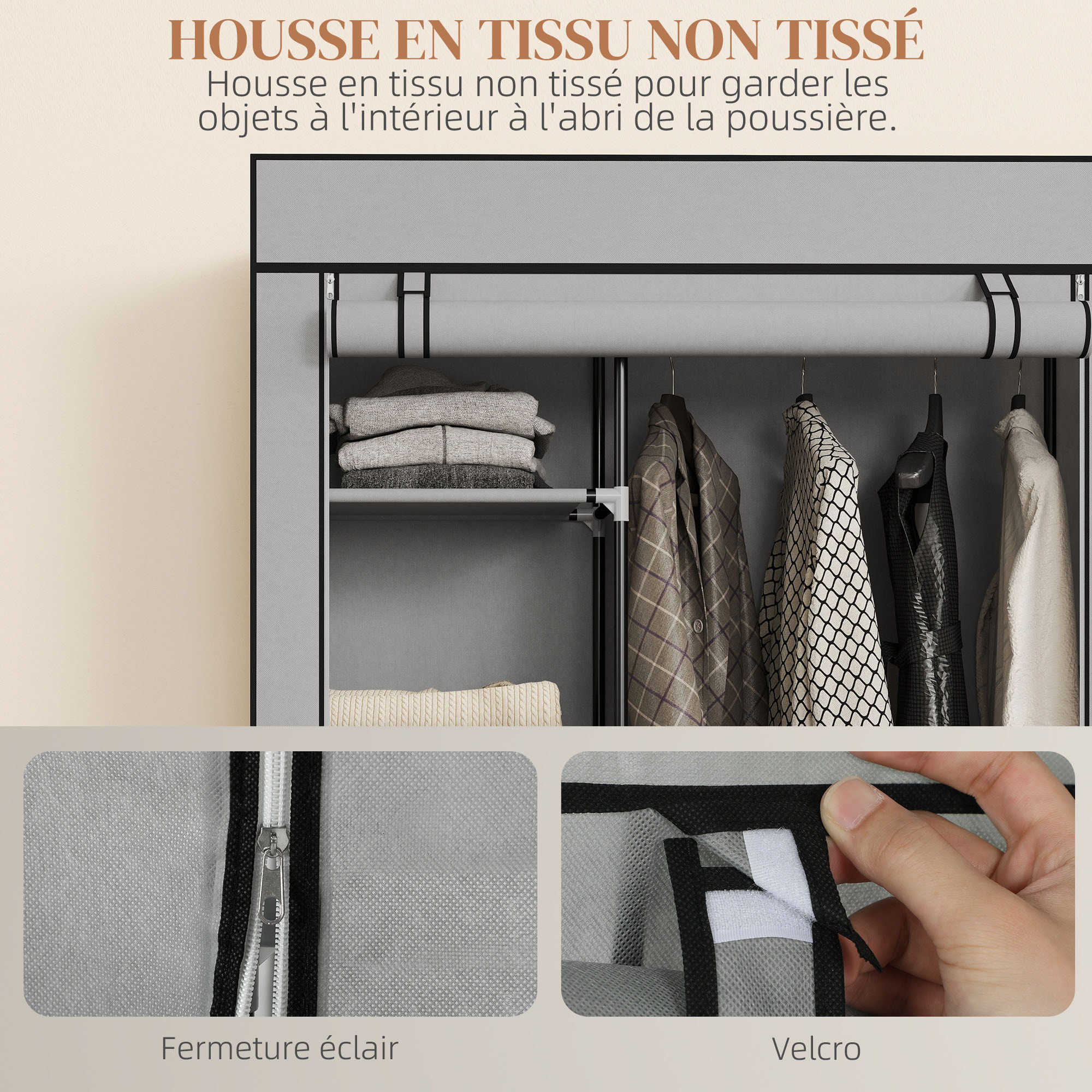 Armoire penderie mobile tissu - 5 étagères, penderie - dim. 103x43x162,5 cm - noir gris
