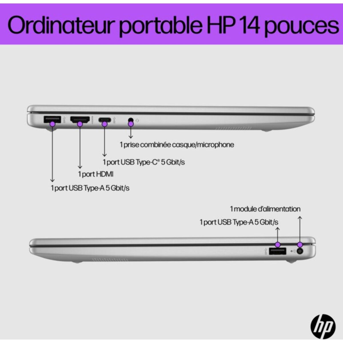 Ordinateur portable HP 14-em0042nf 14" AMD Ryzen 5 7520U 16 Go RAM DDR4 SSD 512 Go