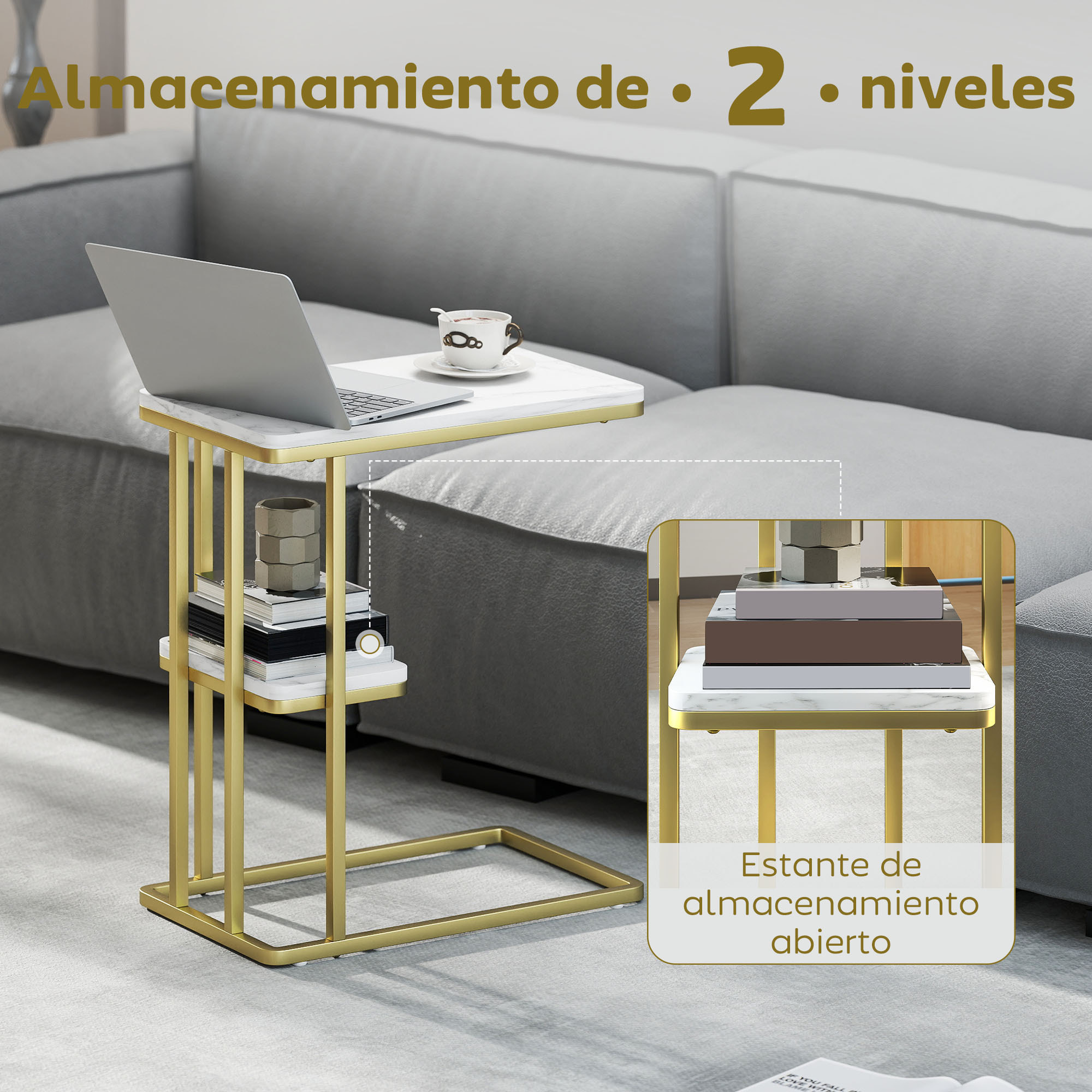 Mesa Auxiliar Estructura en C, Mesita Auxiliar Estrecha de 2 Niveles con Estante, Mesita de Noche Moderna Para Espacios Pequeños, Salón, Dormitorio, 50x30x57,5 cm, Blanco Efecto Mármol