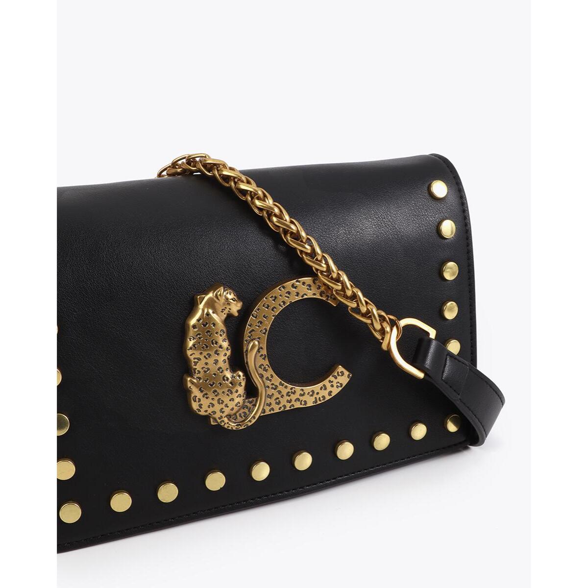Borsa a tracolla con patta, stampa animalier LC, borchie