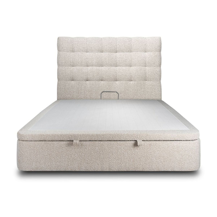 Lit avec sommier et tête de lit capitonnée - Tissu bouclette au style chic - Adapté à tous les matelas, montage rapide - Rangement XXL