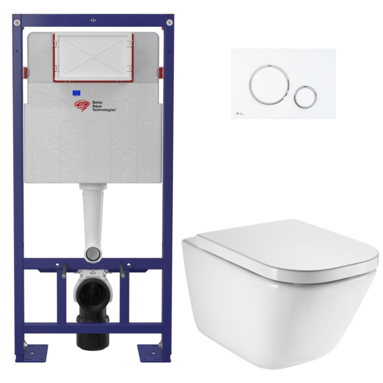 Pack WC bâti-support autoportant + WC suspendu sans bride avec abattant SoftClose + plaque blanc/chrome (STROGAWR06-U)